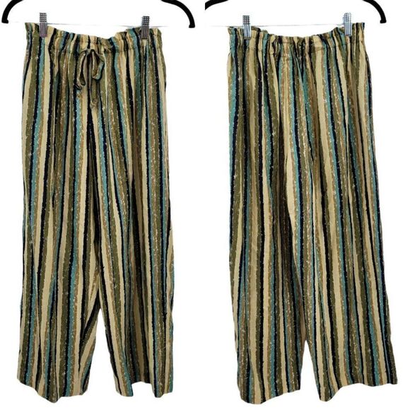 Vtg Pants High Rise Paper-bag Baggy Cropped Gaucho Palazzo Neutral Striped Sz XS - Picture 1 of 10
